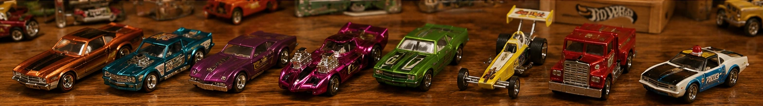 A wide lineup of colorful 1970s-style muscle cars, fantasy customs, dragsters, trucks and service vehicles