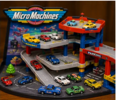 Tiny Micro Machines cars displayed in a miniature parking garage playset