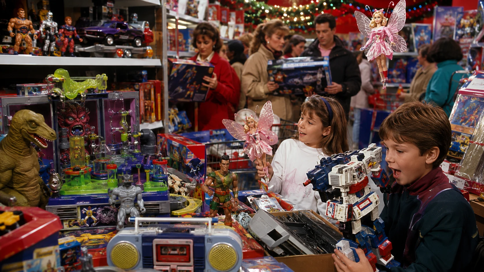 Crowded mid-1990s Christmas toy aisle filled with action figures flying dolls and gross-out playsets