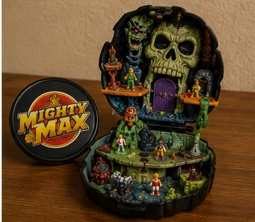 Open Mighty Max horror-themed miniature playset with tiny figures and traps