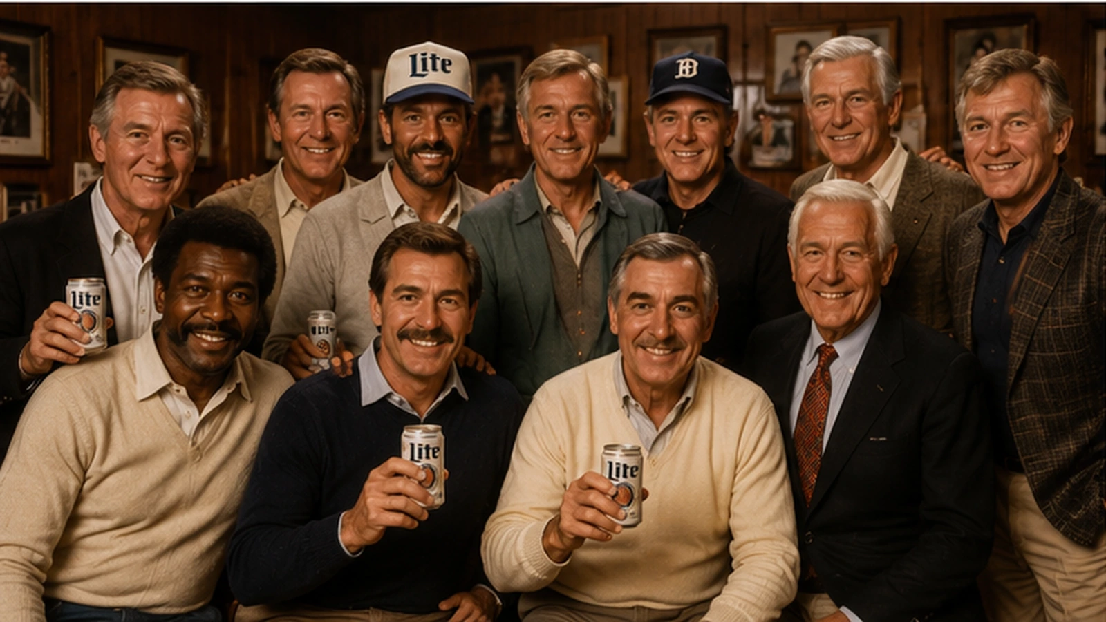 Group of veteran athletes broadcasters and entertainers posed together in the style of the Miller Lite All-Stars campaign