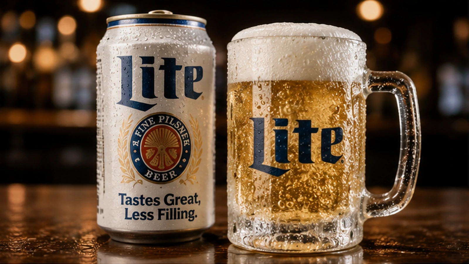 Cold Miller Lite can and frosted beer mug representing the product behind the Tastes Great Less Filling campaign