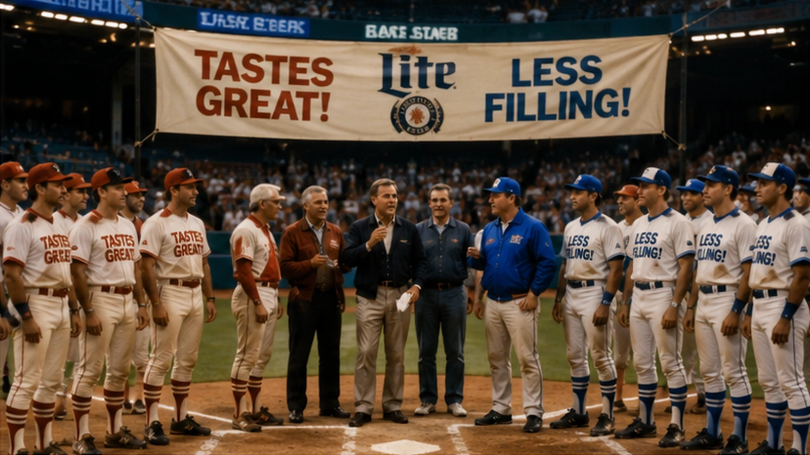 Two opposing celebrity softball teams lined up on a stadium field for a Tastes Great versus Less Filling showdown