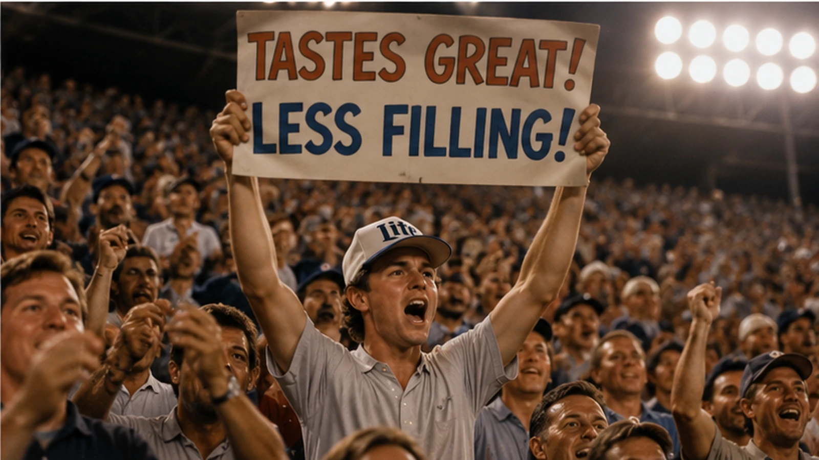 Excited nighttime stadium crowd joining a Tastes Great Less Filling chant during a baseball game