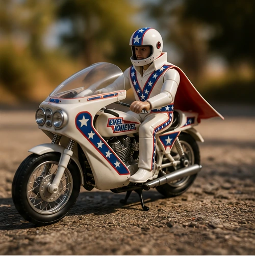 Modern Evel Knievel Stunt Cycle recreation photographed outdoors with a white-suited rider figure