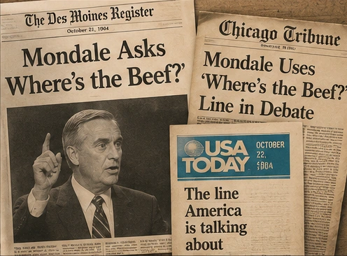 Newspaper-style recreation of Walter Mondale using the Where's the Beef line during the 1984 Democratic primary