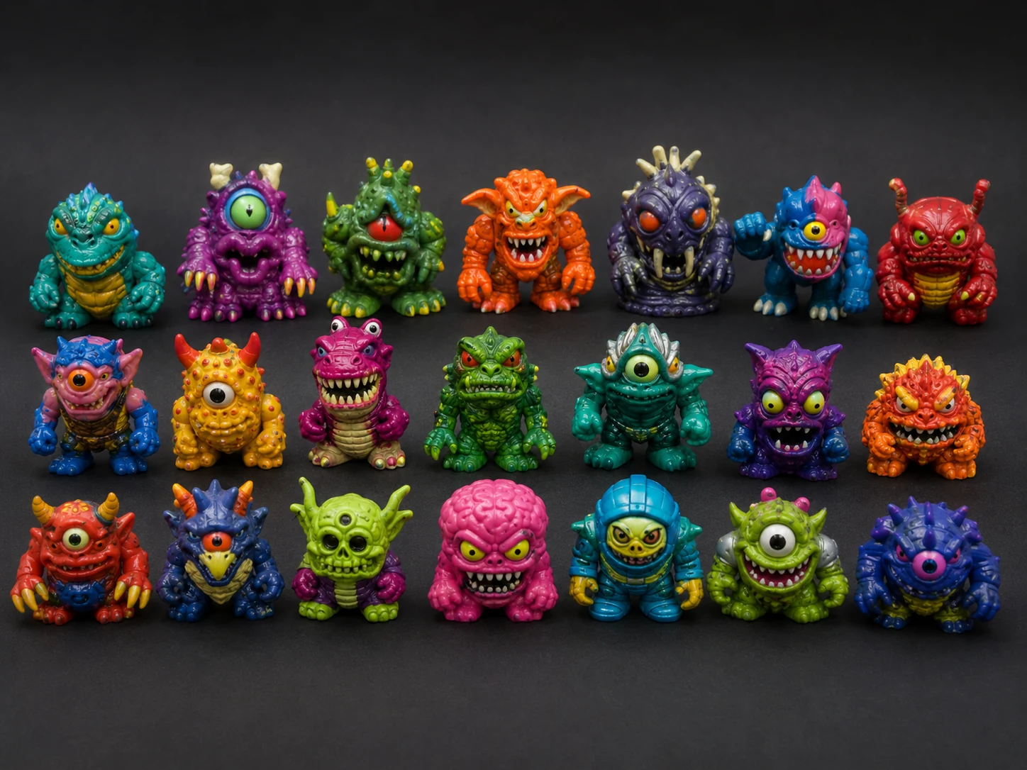 Colorful miniature monster figures arranged as a collectible 1990s toy army