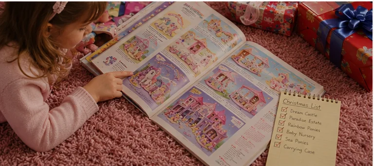 Child lying on shag carpet with an open Christmas catalog and circling ponies, Dream Castle, Paradise Estate, nursery sets, and carrying cases.