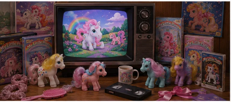 CRT television showing an animated pastel pony adventure surrounded by carded toys, VHS tapes, catalogs, grooming accessories, and playsets.