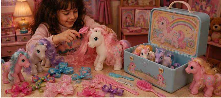 Child brushing and styling pony hair beside ribbons, combs, saddles, dresses, tiny fashion accessories, and an open illustrated carrying case.