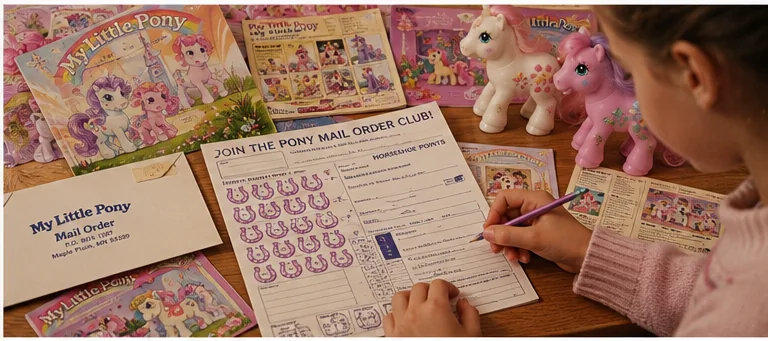 Kitchen table covered with clipped package points, mail-order forms, envelopes, catalogs, exclusive pastel ponies, and a child preparing an order.