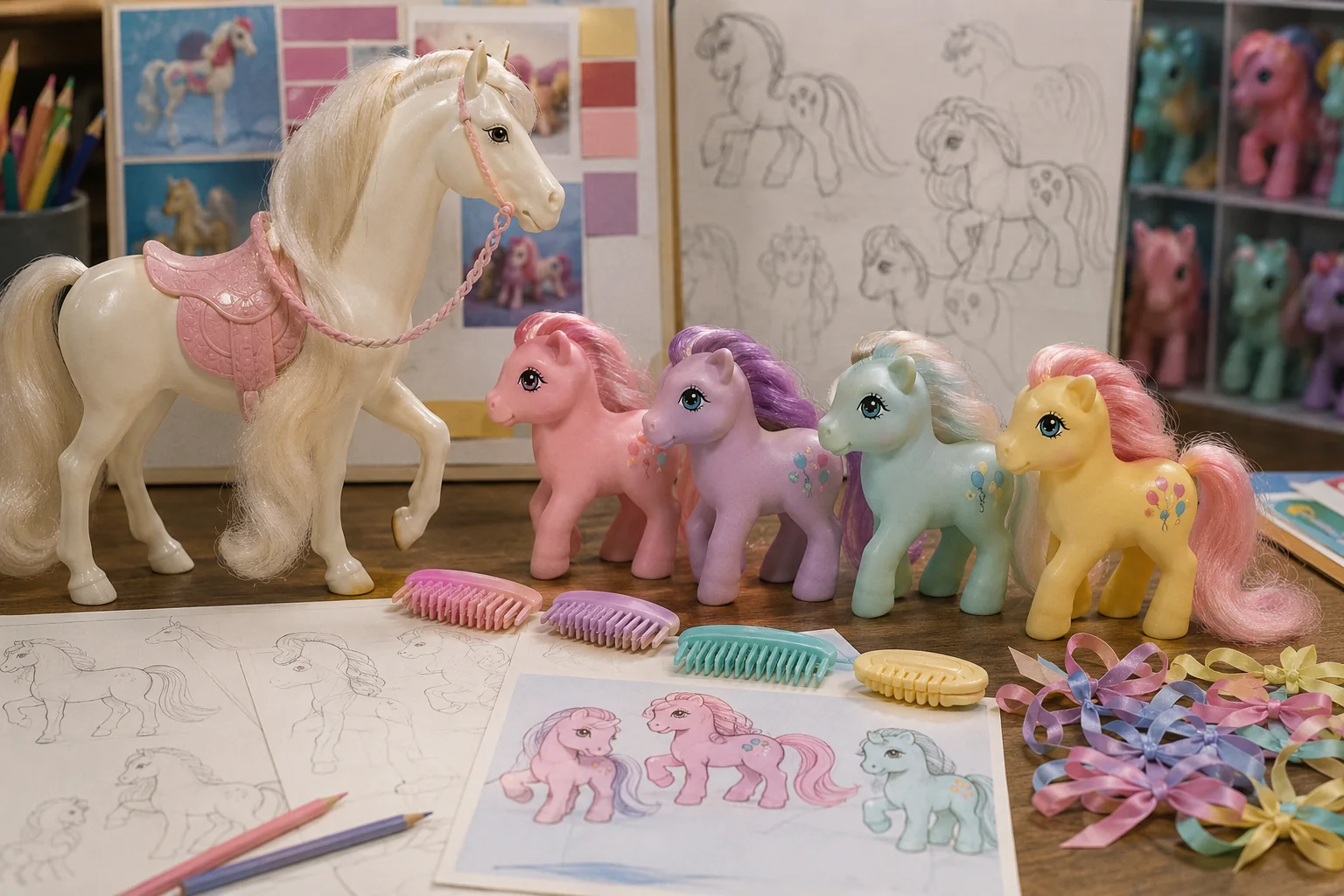 Vintage toy-design studio showing a large early brushable horse beside smaller pastel pony prototypes, combs, ribbons, sketches, and color samples.