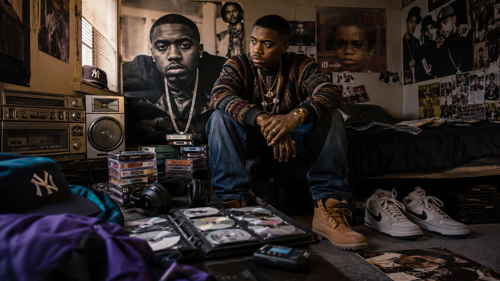 Gen X Illmatic listening culture with 90s bedroom posters, cassette tapes, CD binder, headphones, boombox, Discman, and hip-hop magazine energy