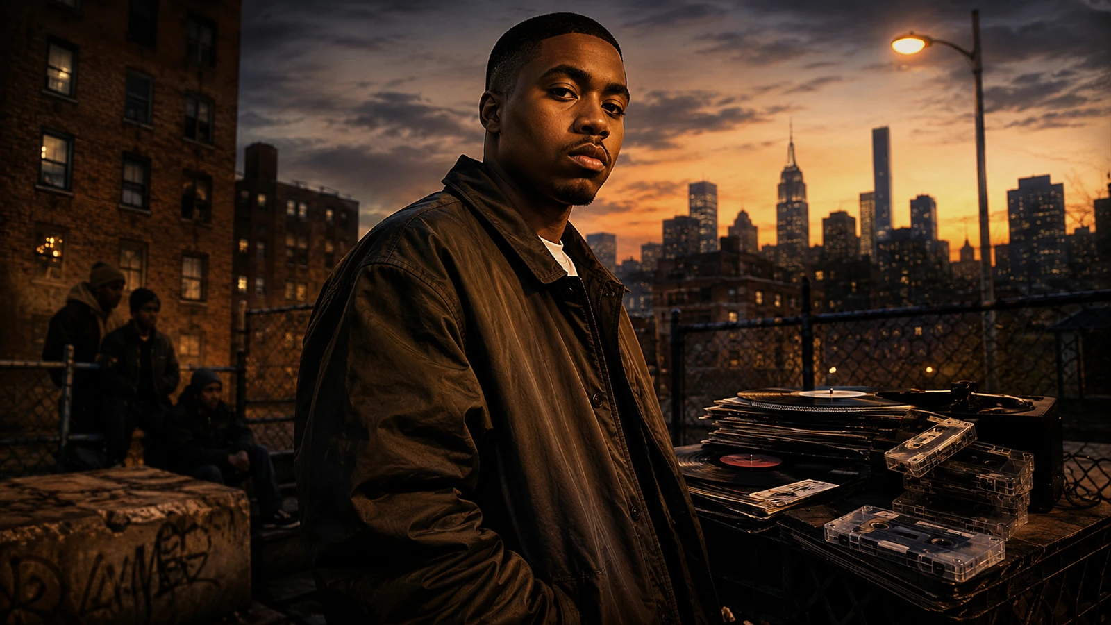 Nas Illmatic legacy collage with golden New York skyline, microphone, vinyl record, 90s rap imagery, and classic East Coast hip-hop atmosphere