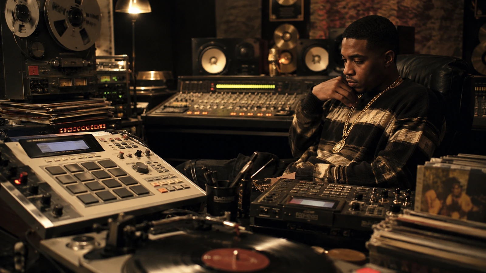 Illmatic production inspired 90s boom bap studio with sampler, turntables, vinyl records, reel tape, mixing board, and dusty New York hip-hop atmosphere