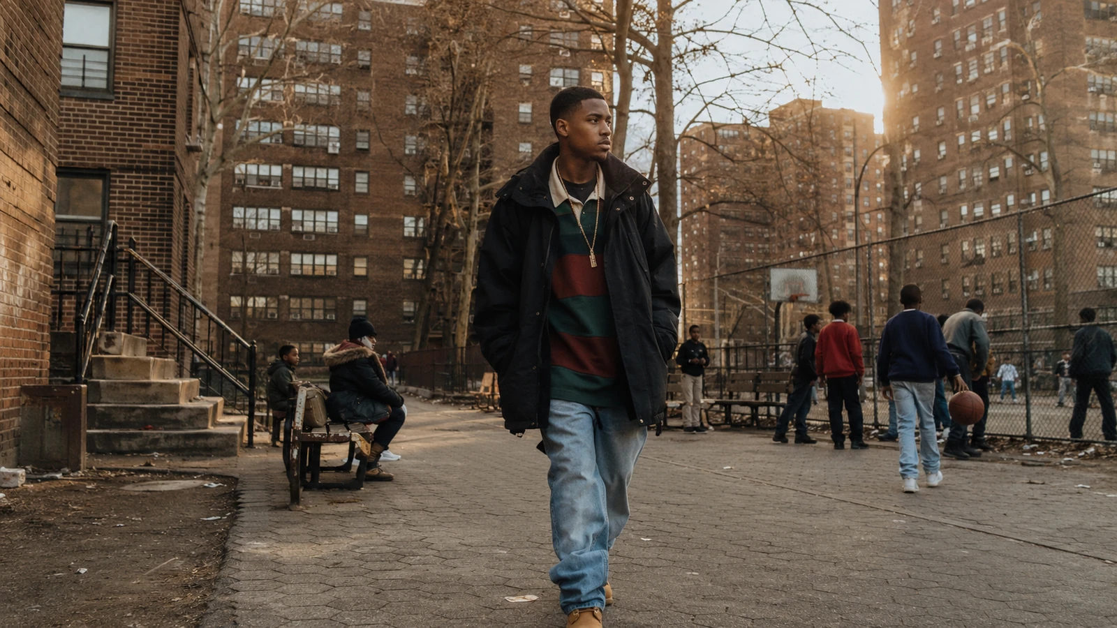 Queensbridge inspired 90s rap storytelling scene with apartment buildings, courtyard, streetlight, cassette-era hip-hop mood, and New York street detail