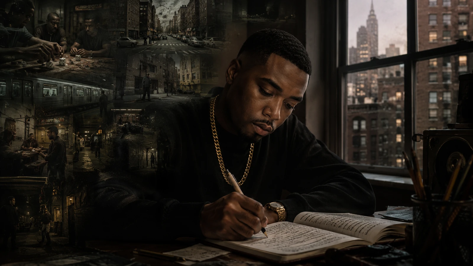 Nas Illmatic storytelling scene with lyric notebook, city windows, New York night, headphones, cassette-era atmosphere, and cinematic 90s rap writing