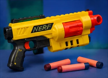 Brightly colored 1990s-style foam dart blaster with darts