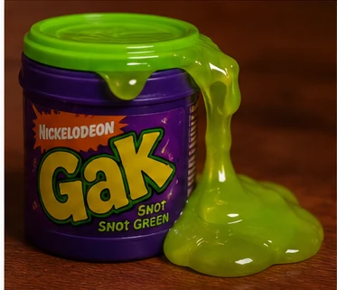 Bright green Nickelodeon Gak slime spilling from a purple container
