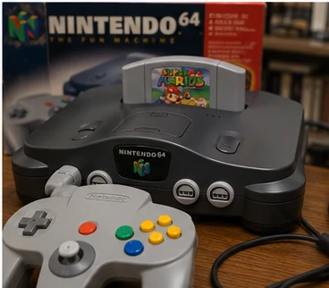 Nintendo 64 console with controller and game cartridge in a 1990s toy-store display