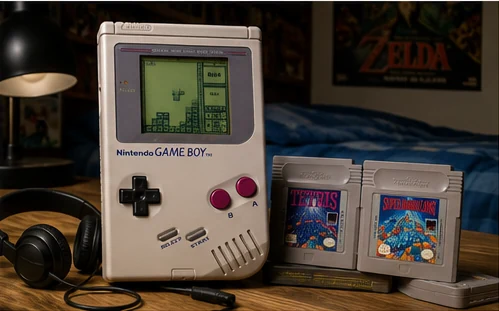 Original Nintendo Game Boy with cartridges and headphones in a 1990s bedroom