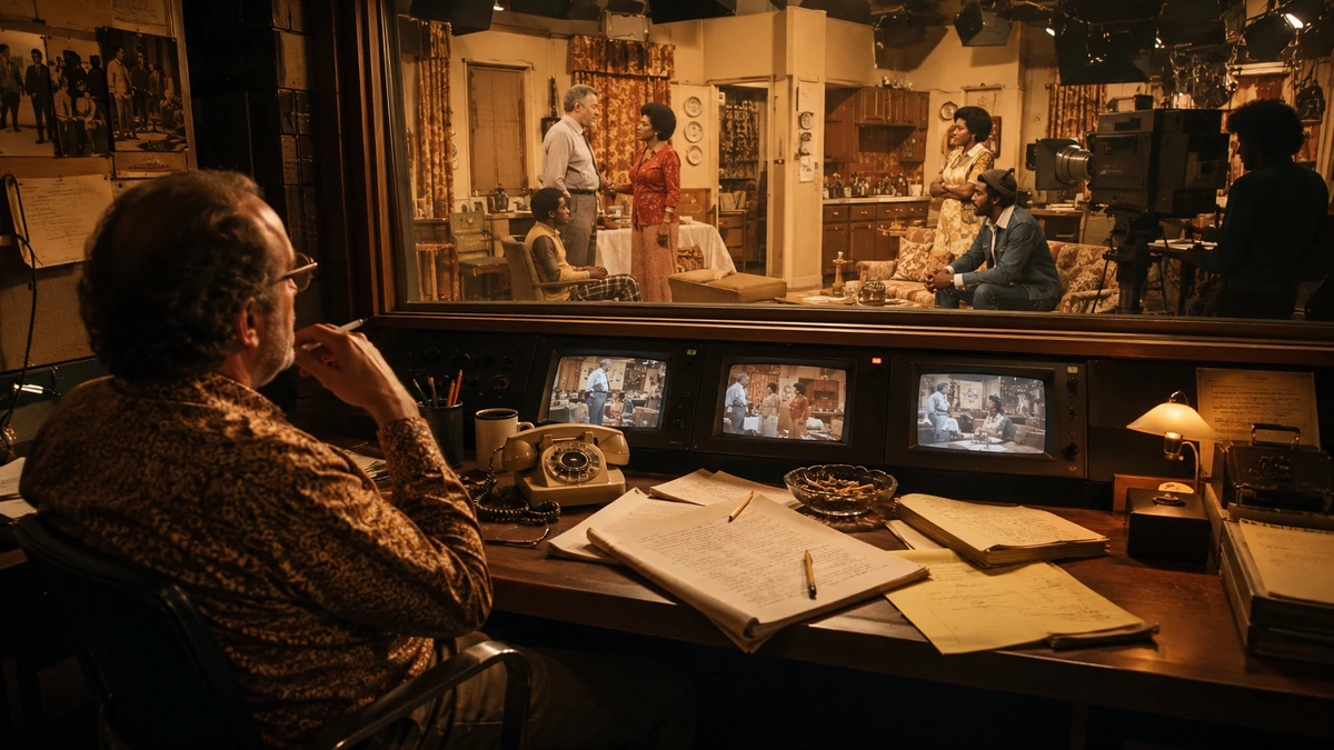 1970s television producer watching a socially charged family sitcom from a studio control room