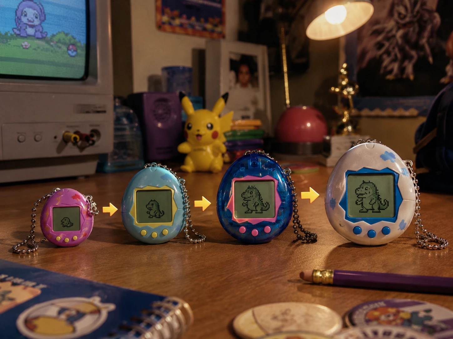 Four digital pet devices showing a creature growing from baby to larger adult forms