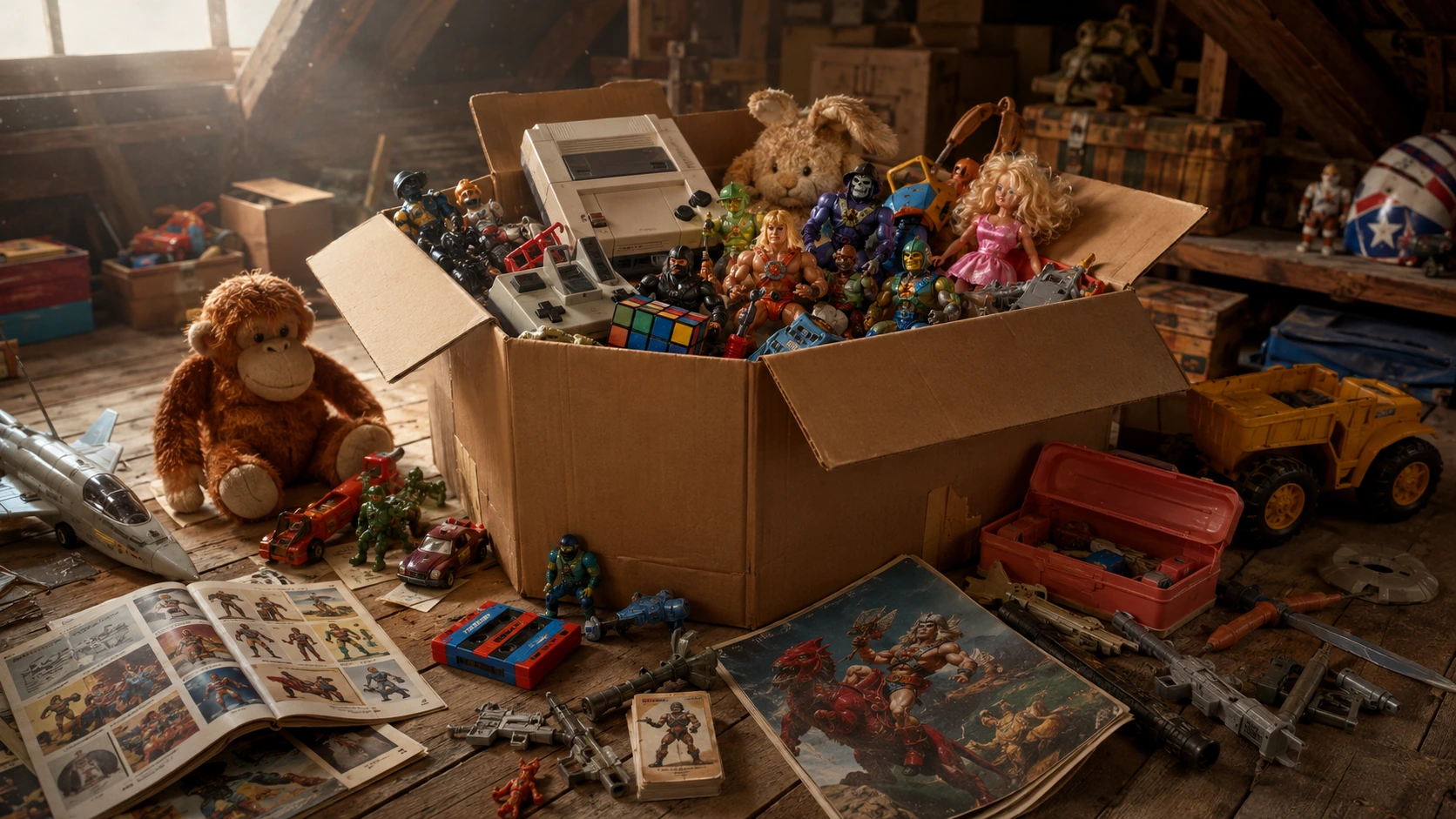 Attic discovery box filled with vintage 80s toys, action figures, games, vehicles, catalogs, and loose accessories