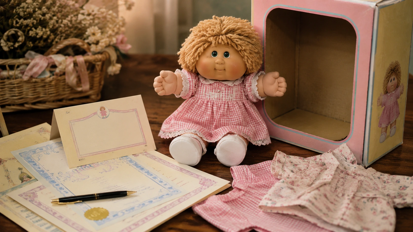 Vintage yarn-haired doll beside its pastel box, adoption papers, birth certificate, pen, and extra clothing