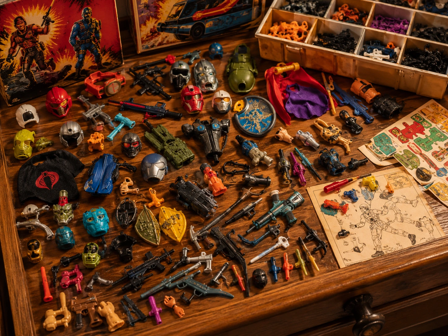 Drawer full of loose 80s action-figure weapons, helmets, masks, capes, missiles, and shields