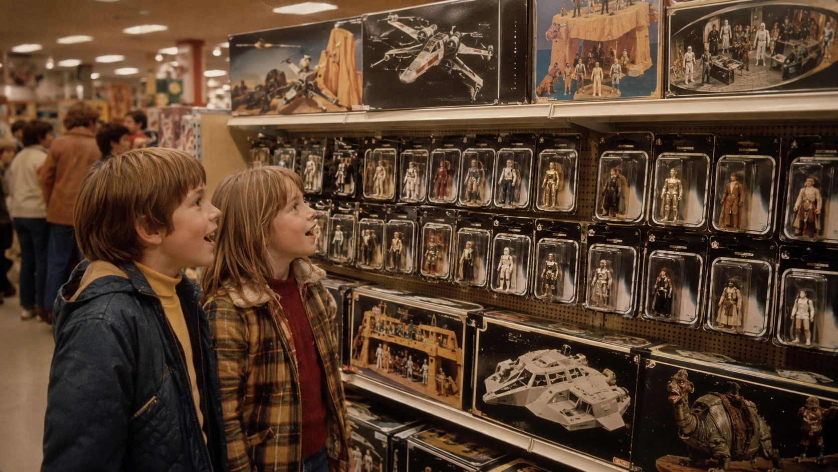 Children studying rows of late-1970s carded space action figures and large vehicle boxes in a department-store toy aisle