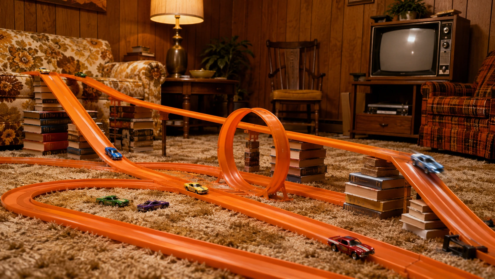 An enormous orange toy-car track crossing a shag-carpeted 1970s living room with loops, slopes and books used as supports