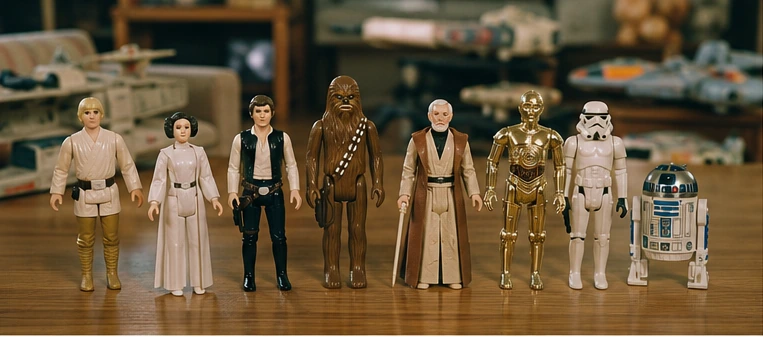 The original group of twelve late-1970s space action figures arranged together on a wood table