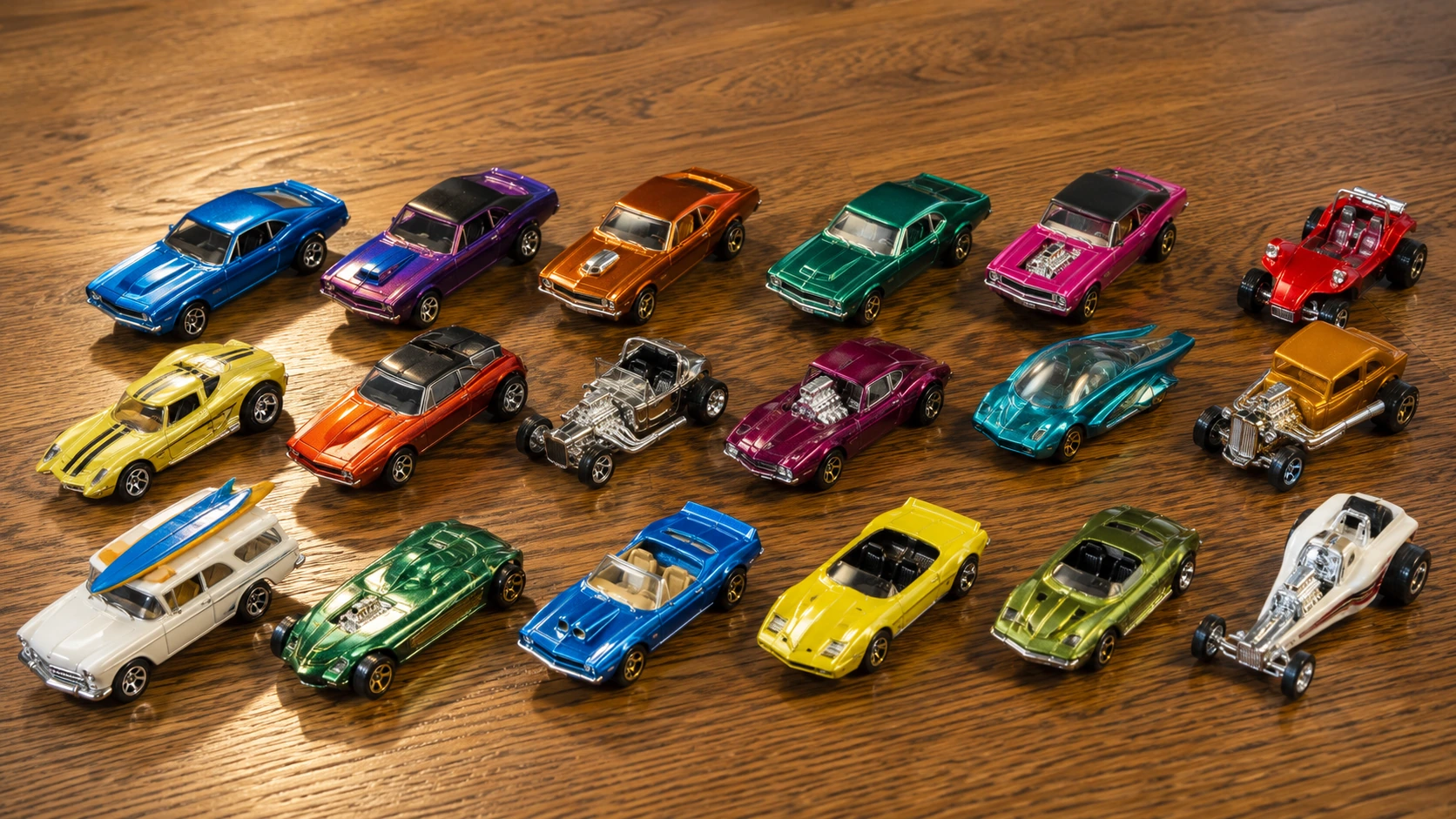 Sixteen colorful early Hot Wheels-style custom cars arranged on a wooden tabletop