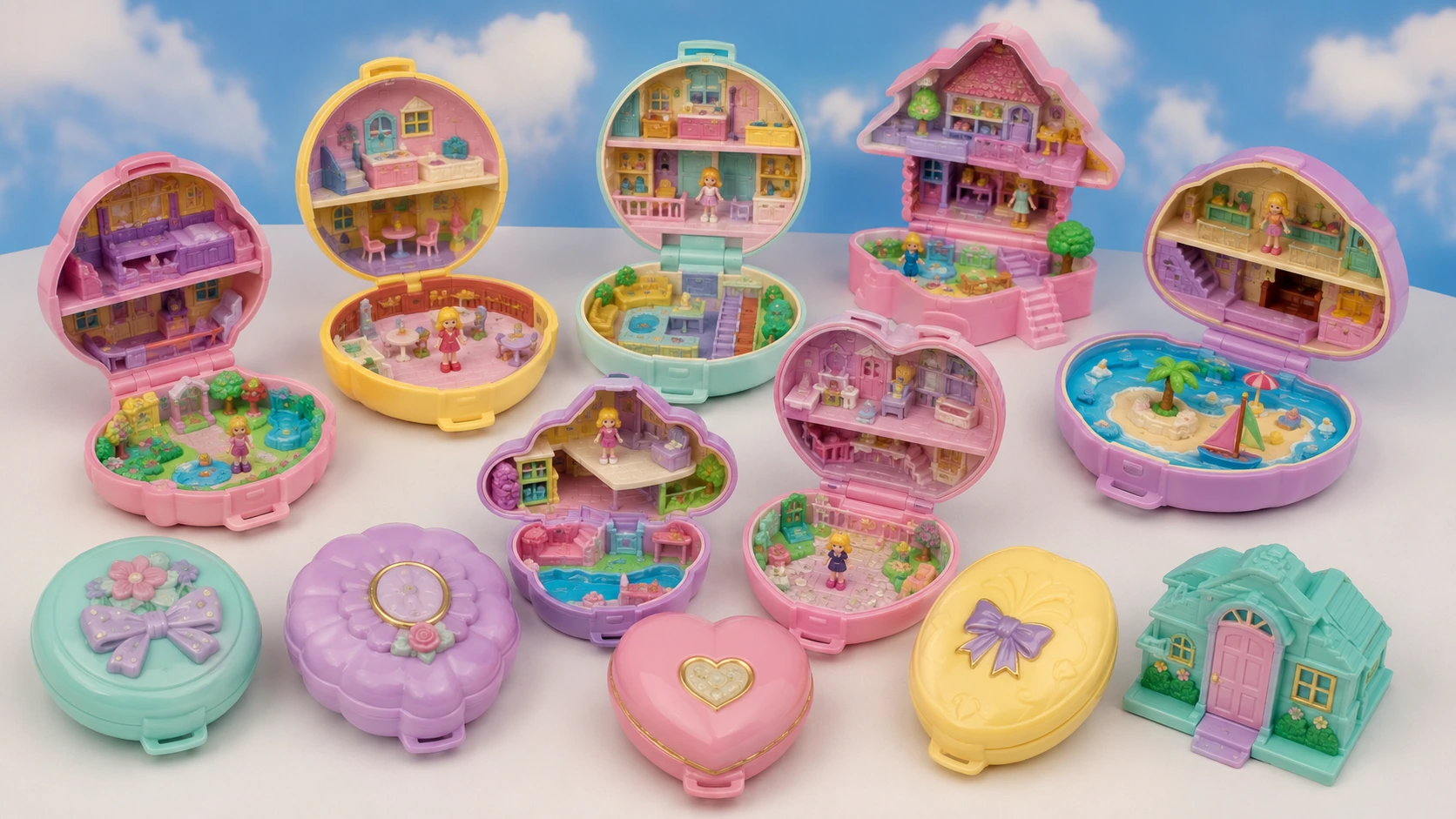 Original-style 1989 Bluebird Polly Pocket compacts displayed open and closed in pastel heart, flower, shell and house shapes