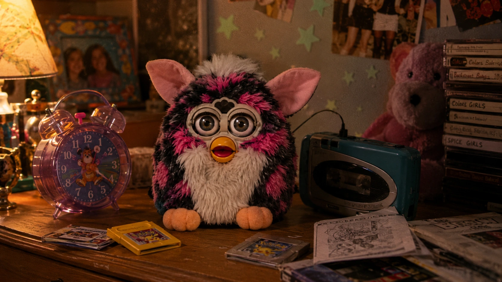 Original 1998 Furby on a late-90s bedroom dresser beside a cassette player, alarm clock and game cartridges