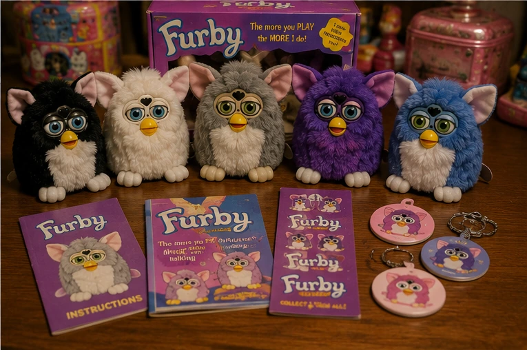 Original Furby toys displayed with a vintage box, instruction booklet, collector guide and promotional items