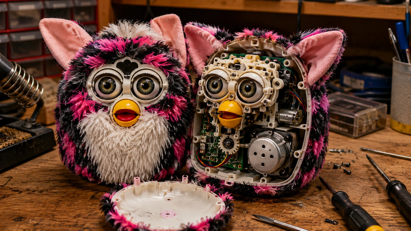 Original Furby opened on a repair bench with gears, circuit board, speaker, eyes and beak mechanism visible