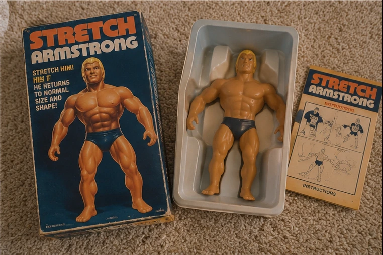 Original-style Stretch Armstrong with packaging, instructions and connected Kenner stretch-toy materials