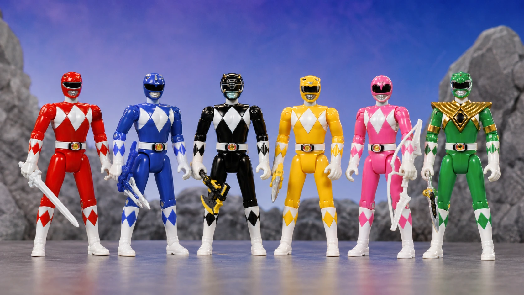 Original-style Mighty Morphin Ranger action figures lined up in red, blue, black, yellow, pink and green