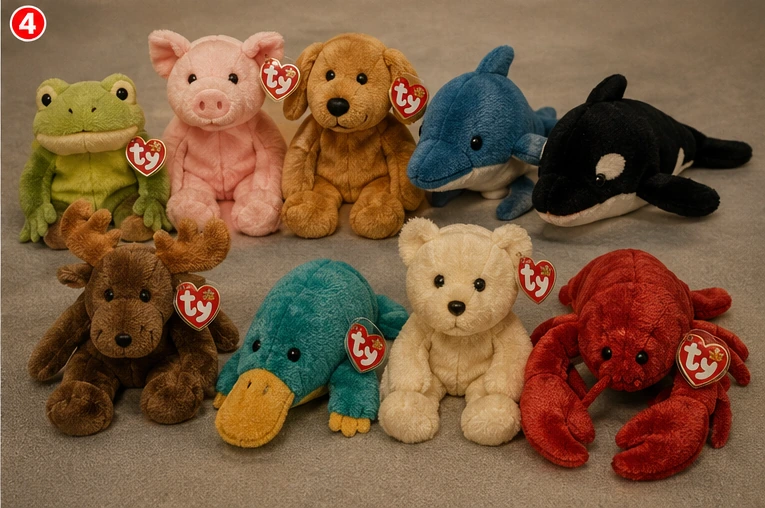 Original Nine-style Beanie Babies arranged as frog, pig, dog, dolphin, whale, moose, platypus, bear and lobster