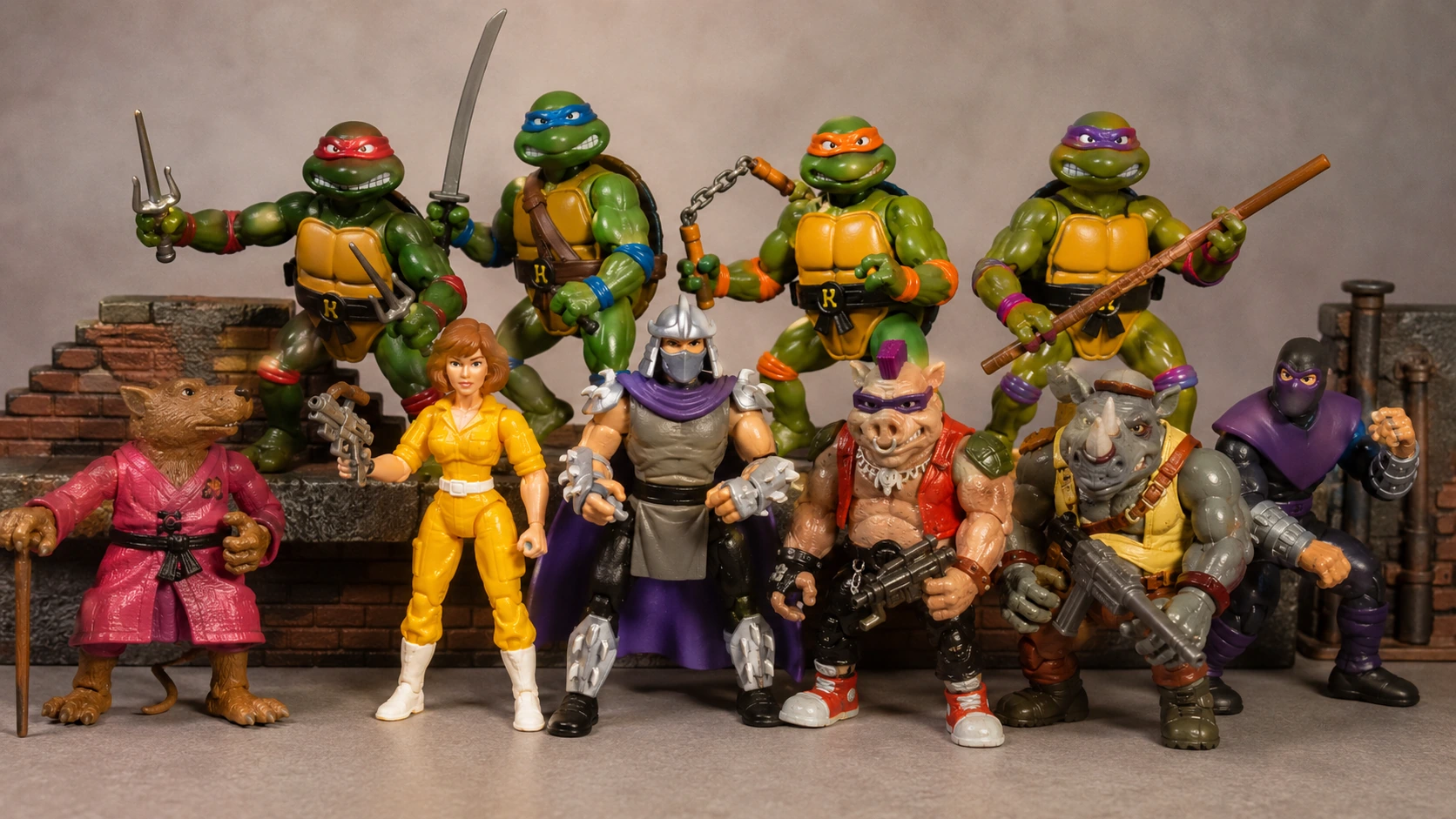 Original-style Playmates TMNT figures including the four Turtles, Splinter, April, Shredder, Bebop, Rocksteady and a Foot Soldier