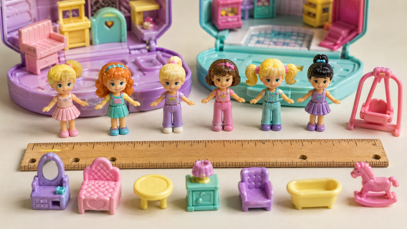 Original-style one-inch Polly Pocket micro dolls lined up beside a ruler and miniature furniture