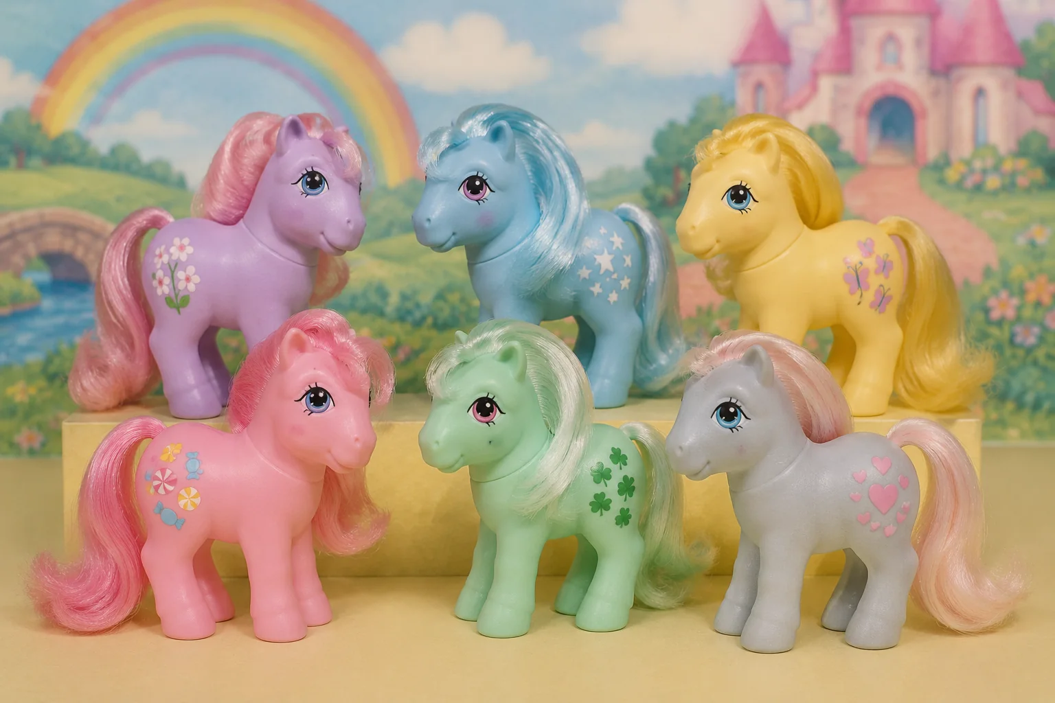 Six original-style pastel Earth Ponies arranged in a bright early-1980s display with flower, star, butterfly, candy, clover, and heart symbols.