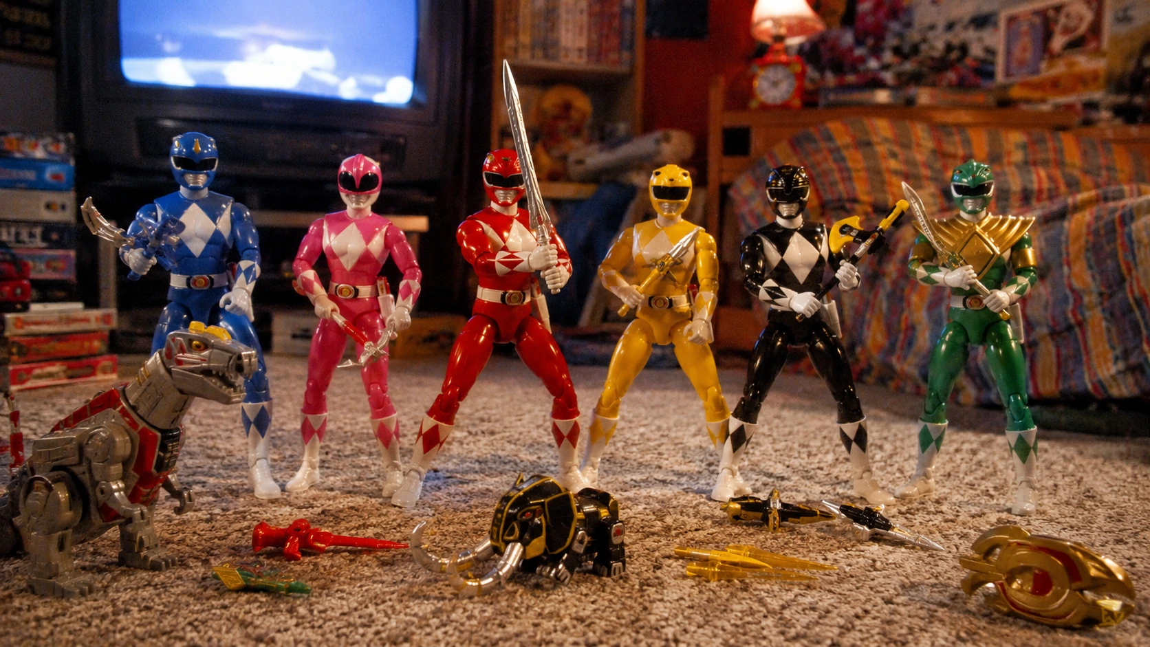 Six original Power Rangers figures posed together in a 1990s bedroom with dinosaur toys and accessories