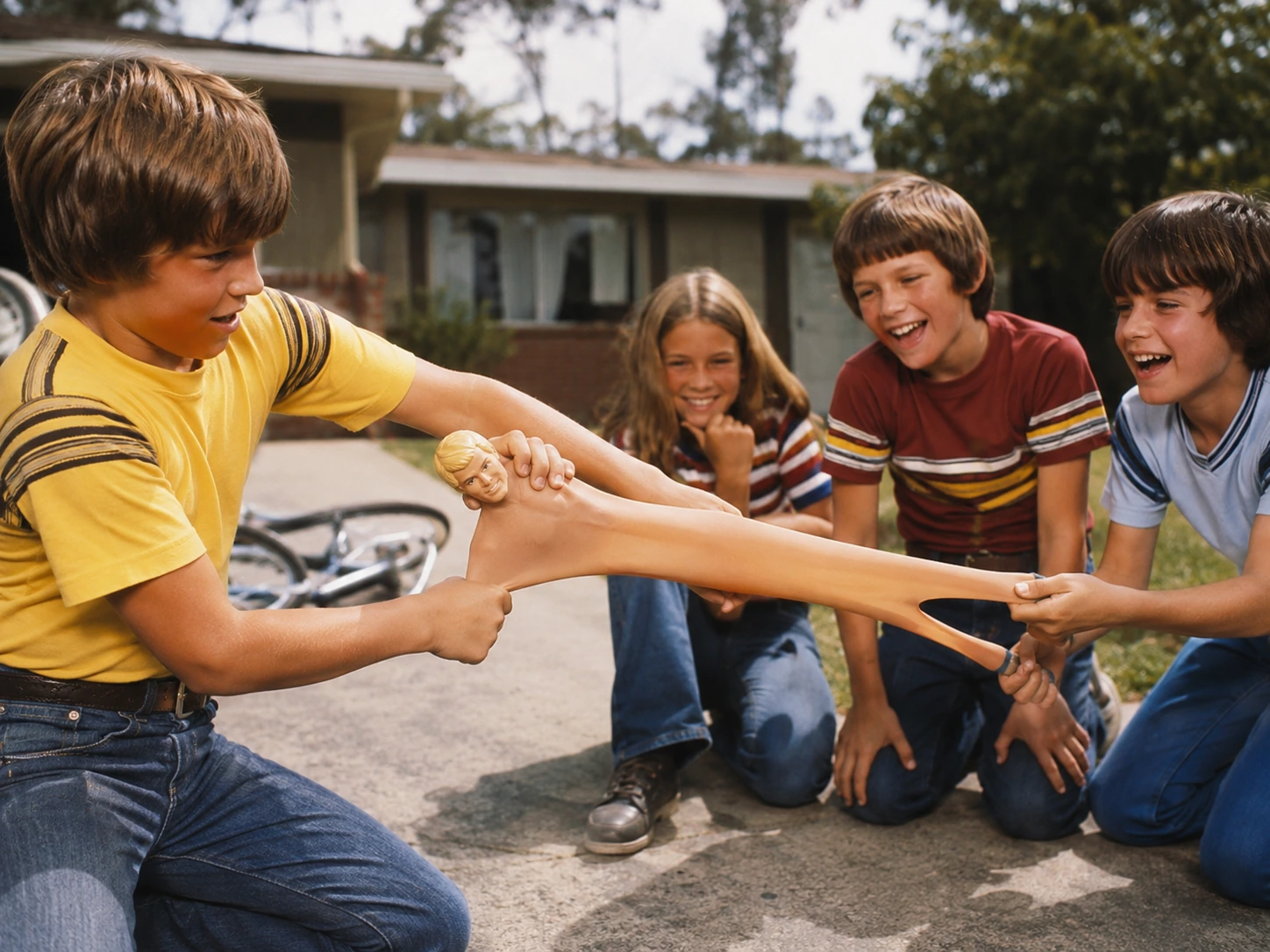Children demonstrating an original-style Stretch Armstrong toy with period packaging nearby