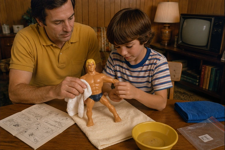 Father and child gently cleaning Stretch Armstrong beside the original-style care instructions