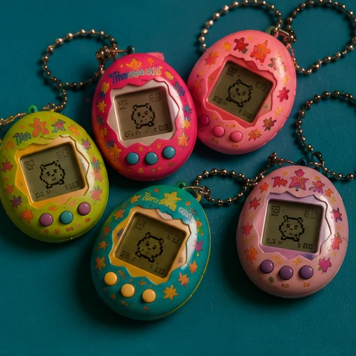 Close-up group of colorful original-style egg-shaped digital pet shells