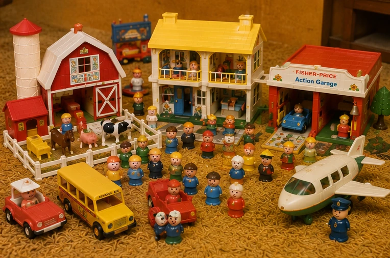 Little People town mixed with an airplane, school bus, ambulance, cars and figures from many sets