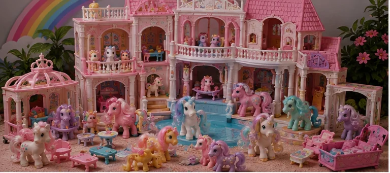 Sprawling pink-and-white pony mansion with bedrooms, nursery, kitchen, living room, patio, swimming pool, furniture, and a large herd.